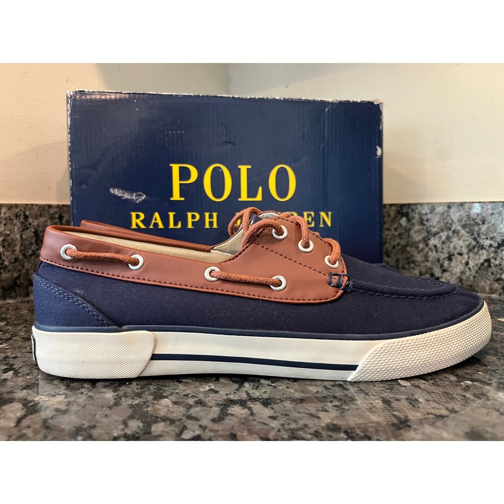Polo Ralph Lauren Franz Mens Boat Shoes Navy Blue Brown Canvas Loafers Size 9D - Picture 2 of 10